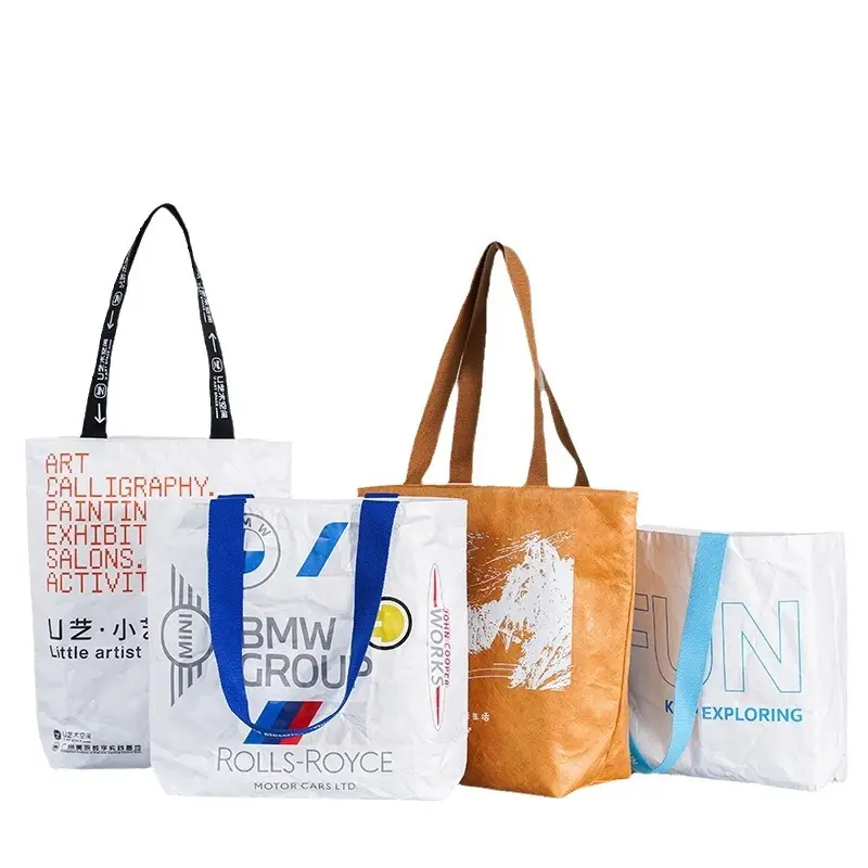 Tyvek 1075D with 100gsm Non Woven Backing Customized Logo Printing Silver Color Shopping Tote Tyvek Bag