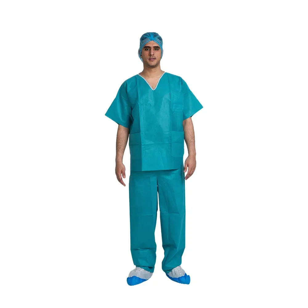 Unisex Hospital Staff Wear scrub suit pantaloni camicie medical non tessuto sms infermiera uniforme scrub usa e getta set top e bottom