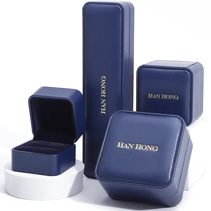 Hanhong fábrica al por mayor de lujo personalizado de terciopelo caja de embalaje de la joyería collar pulsera caja de almacenamiento de cuero azul anillo joyero