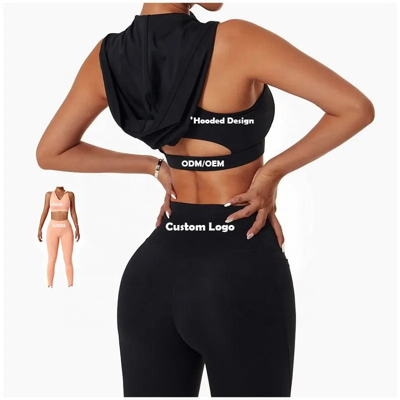 Sujetador de Yoga deportivo sin costuras para mujer, mallas de cintura alta con capucha para entrenamiento, Fitness, talla grande, 2 uds.