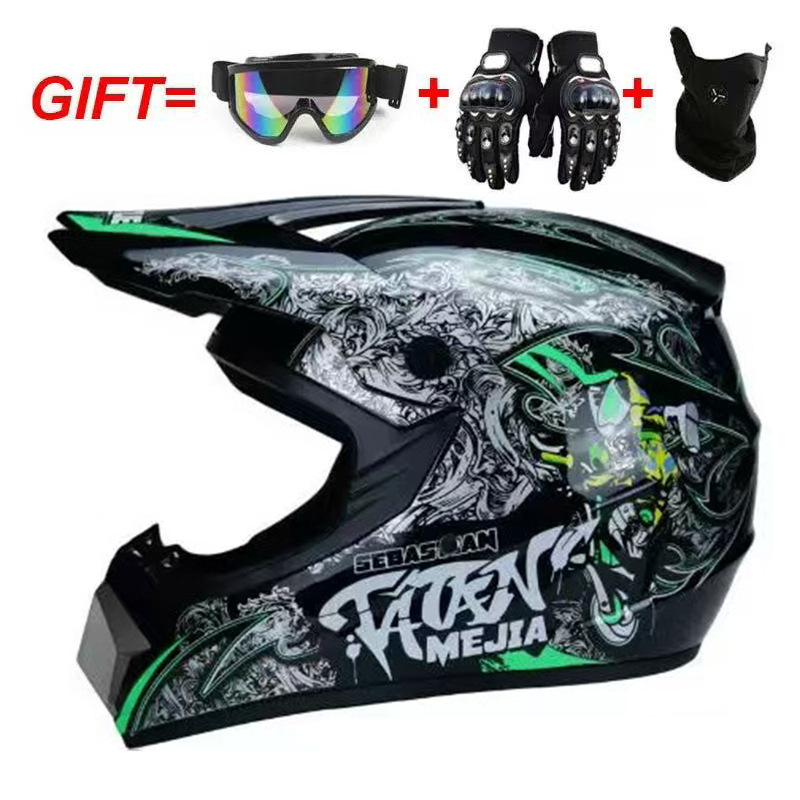 Gafas, máscara y guantes para niño en negro brillante y verde.