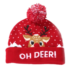 Jacquard Adult Winter Custom Knit Christmas Beanie with Pom Pom Santa Claus Slouchy Knitted Santa Beanie Hat