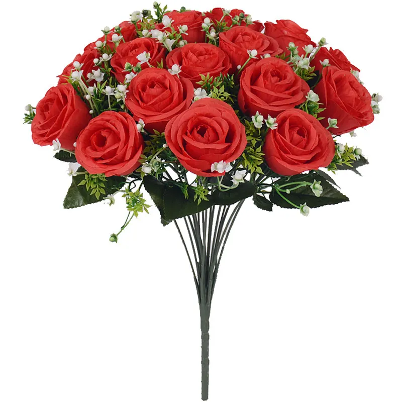 Yiwu-ramos de rosas artificiales para sala de dibujo, ramos de boda rojos de 18 cabezas, venta al por mayor
