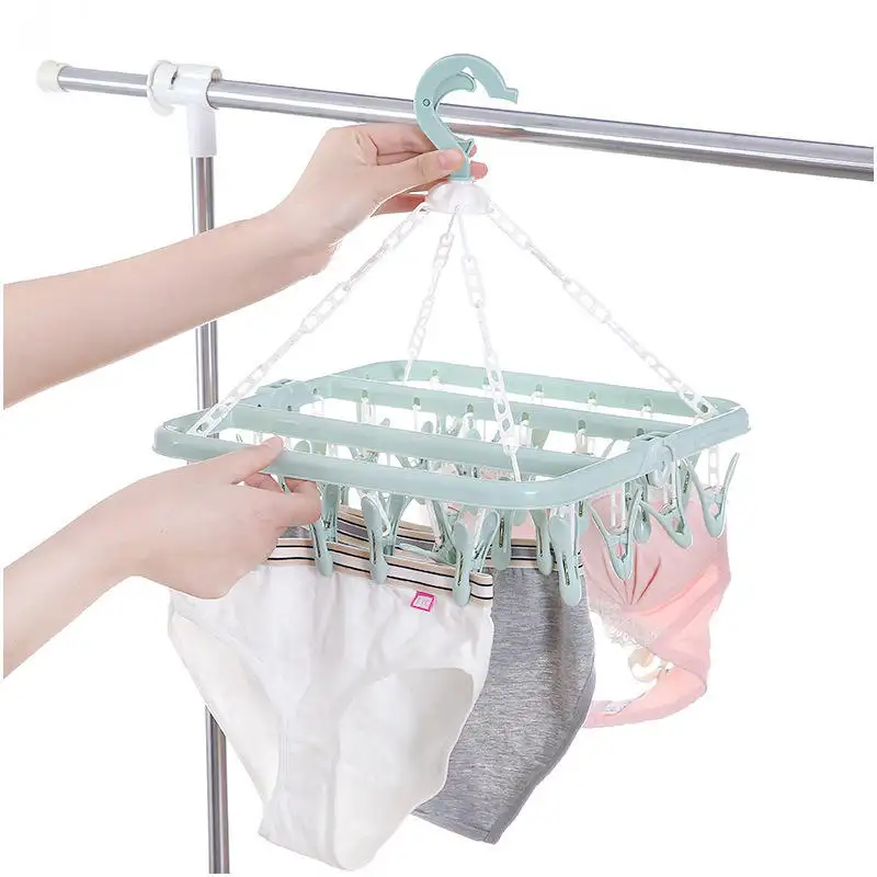 LEEKING Color multifunctional panty rack portable folding plastic home balcony 32 clip socks rack