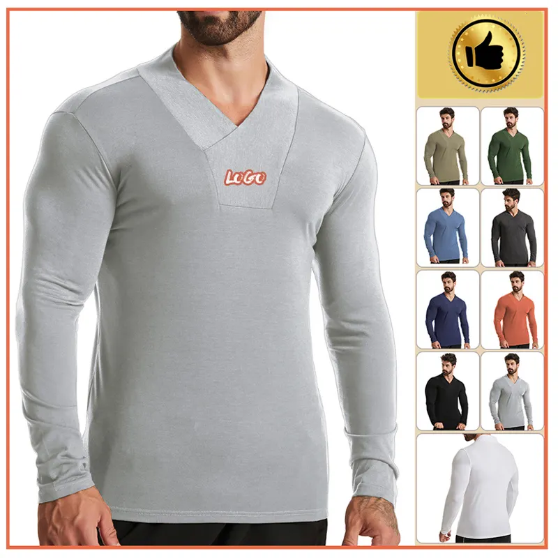 Fashion Plain Polyester Quick Dry Gym Workout Sport Muscle Shirt Long Sleeve V Neck Tee Shirt