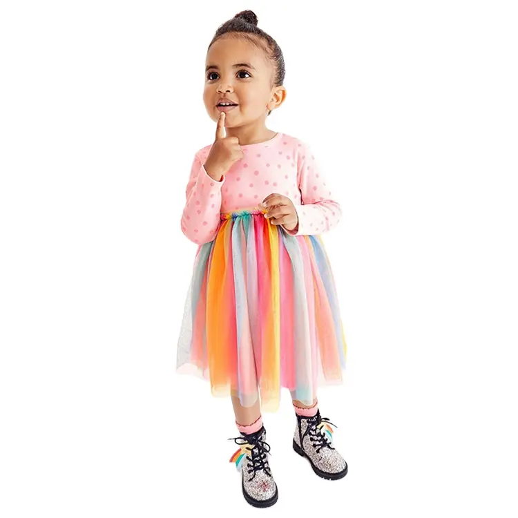 2023 bebé niño niña manga larga algodón princesa Arco Iris tul falda vestido diseño para niña niños vestidos otoño niñas vestidos