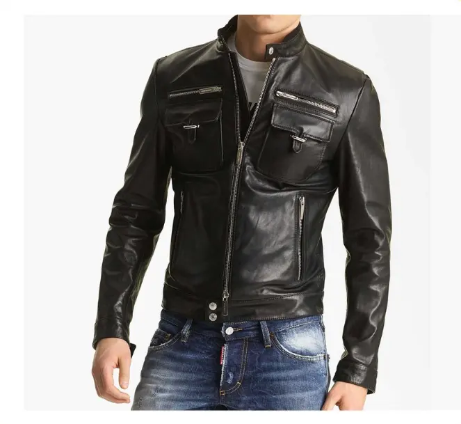 Chaqueta de cuero con cremallera para hombre, chaqueta masculina de cuero con cremallera a la moda