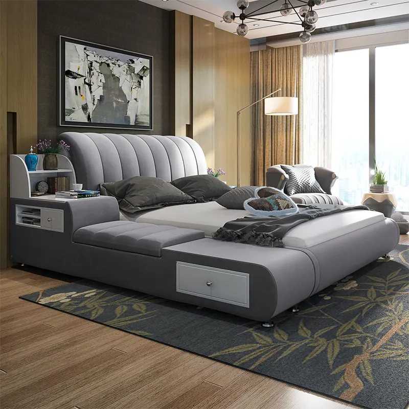 Conjunto de cama queen size inteligente, móveis para quarto, design clássico em tecido de couro, com armazenamento, venda direta da fábrica