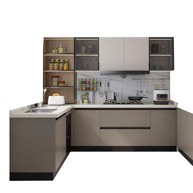 Completamente completato unità di cucina di fabbrica originali in legno massiccio mobili da cucina marrone moderno minimalista cucina armadi combinazione
