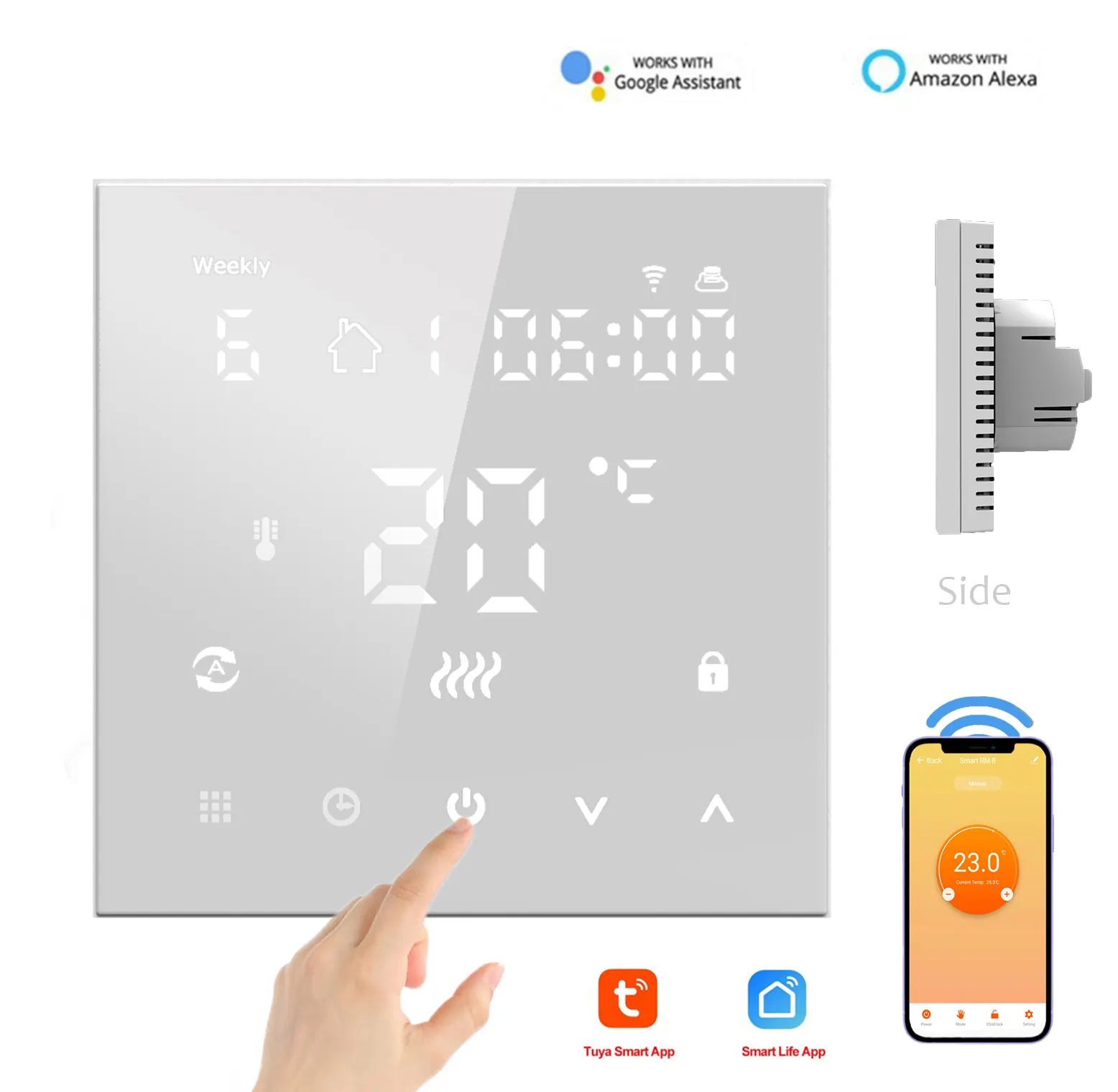 HY607 thermostat de chauffage intelligent tout panneau de verre contrôle tactile numérique thermostat de chauffage programmable au sol
