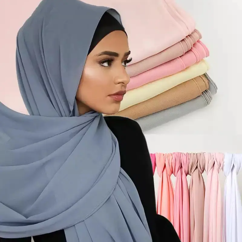 Alta calidad popular verano color sólido musulmán hiyab chales liso gasa bufanda