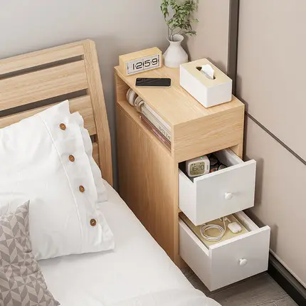 Modern temel düz paket yatak odası mobilyası beyaz dar başucu masa küçük ahşap komodin