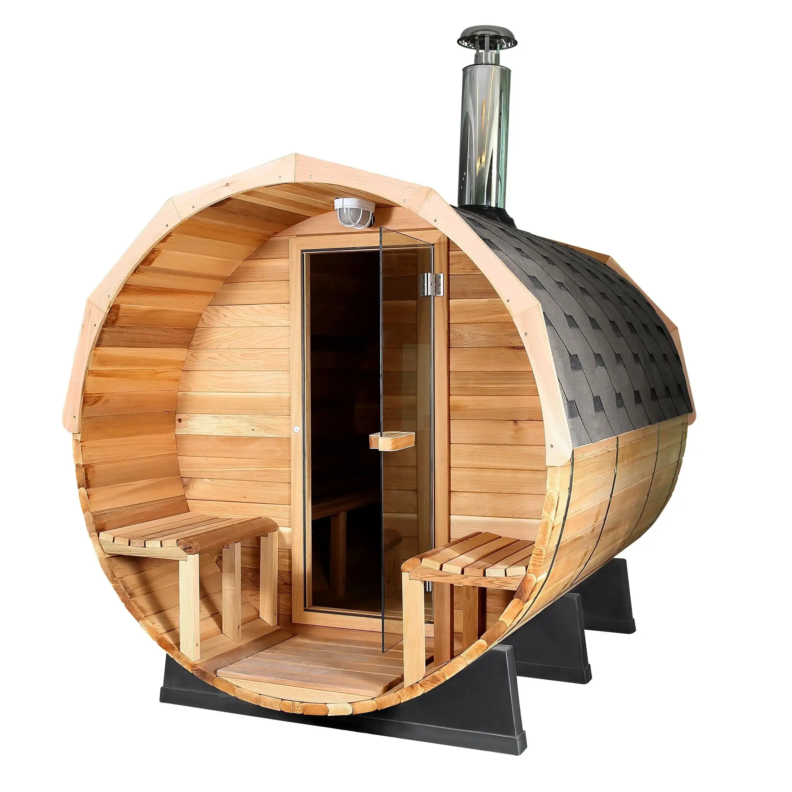 Sauna panorâmica exterior 1.8*2.4m barril de cedro vermelho com fogão a lenha