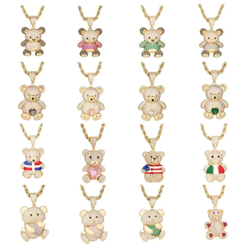 New Arrival Custom 14K Gold Plated Kids Adults Cz Cubic Zirconia Copper Hip Hop Bear Pendant Charm Jewelry Pendants