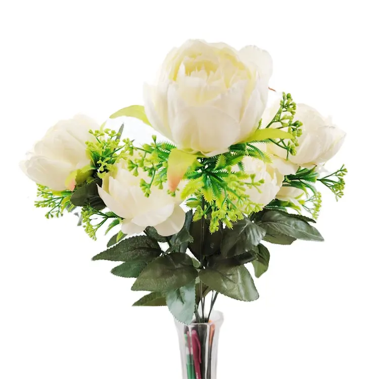 Ultimo prezzo di promozione all'ingrosso fiore artificiale Premium con foglia Bouquet di fiori di peonia bianca fatto a mano fai da te