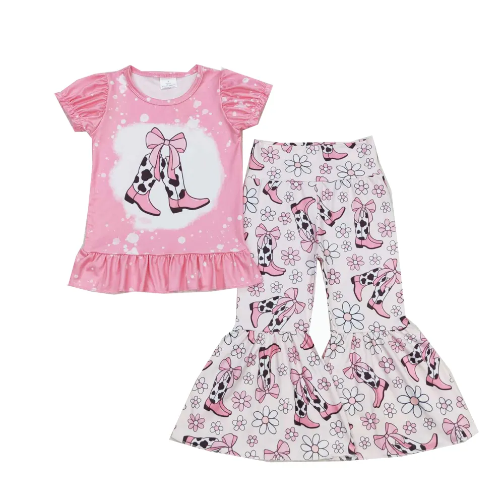 Venta al por mayor caliente boutique occidental ropa de los niños para las Niñas Ropa de arco botas Rosa manga corta floral pantalón