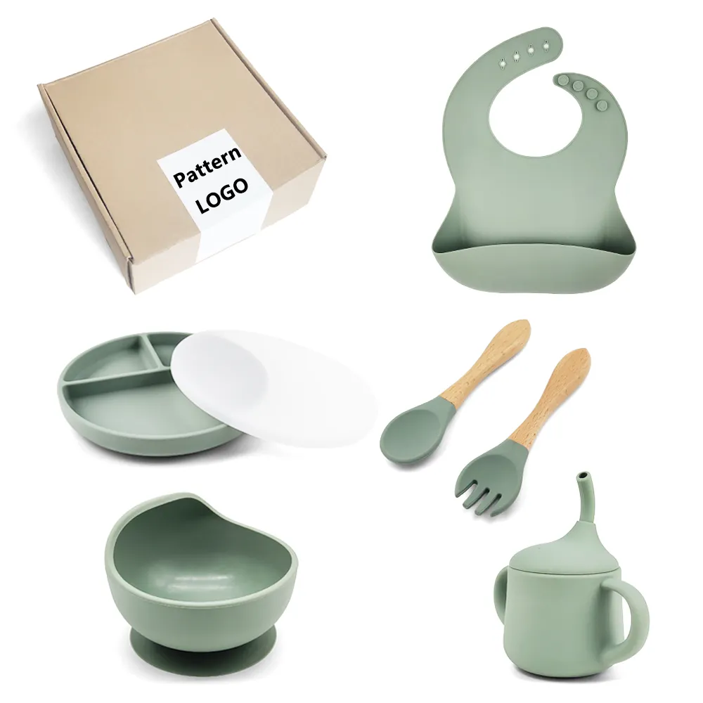 Set perlengkapan makan bayi, Set sendok kayu garpu silikon mangkuk Set peralatan makan