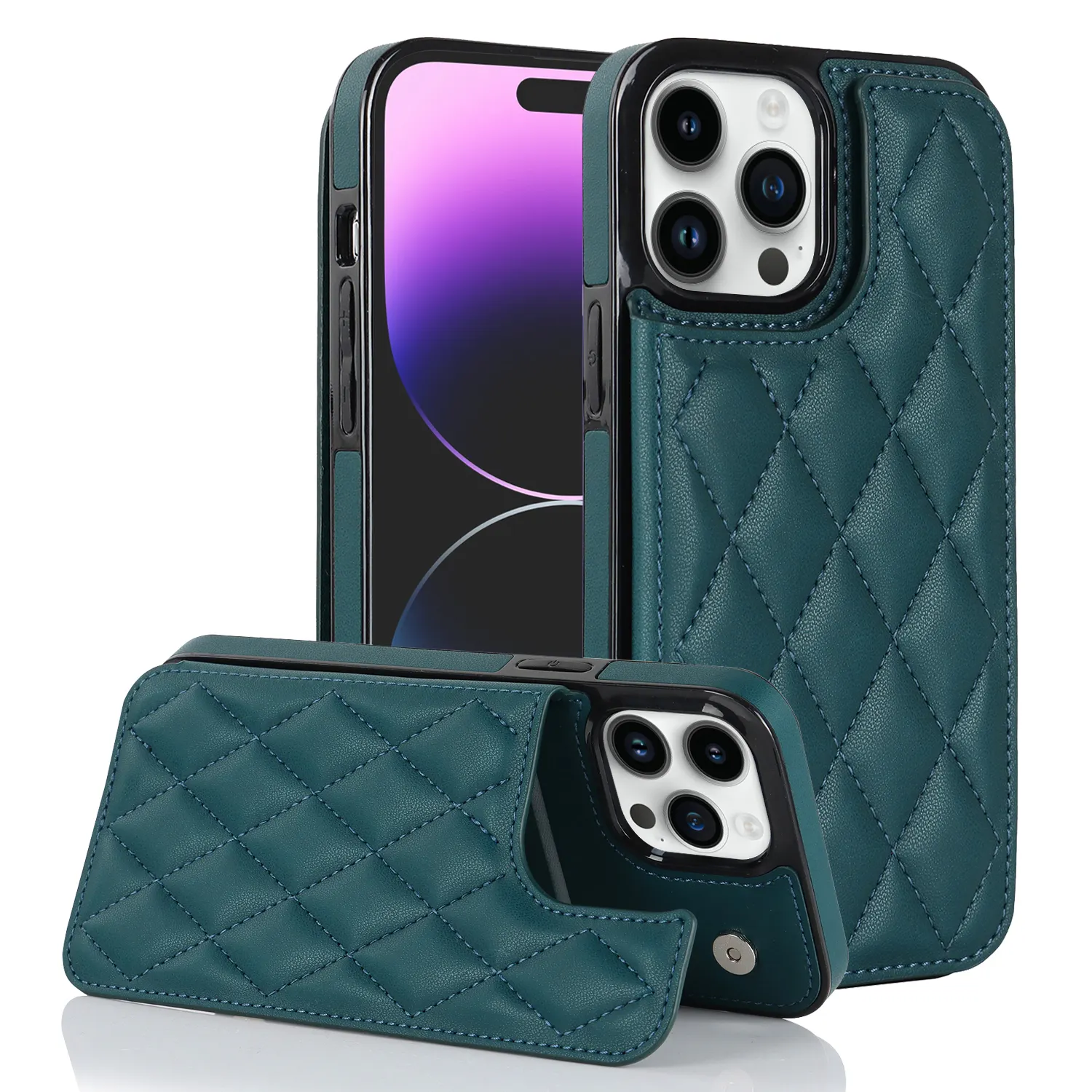 Nuevas llegadas PU cuero magnético botón teléfono caso Kickstand cuero funda protectora trasera para iPhone 14 15 Pro Max