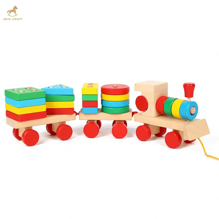 Detachable kid hand pull mini train with colorful shape blocks wooden stacking train toy