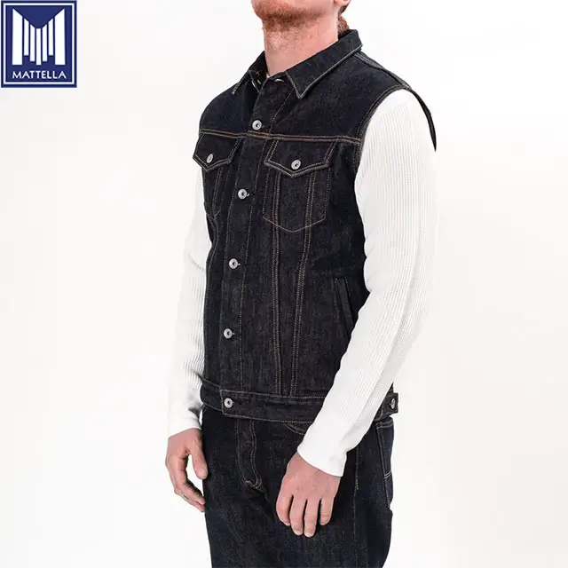 Chaqueta vaquera hecha a medida, material resistente, 17oz, sin mangas, con borde de selvedge, venta al por mayor, precio bajo