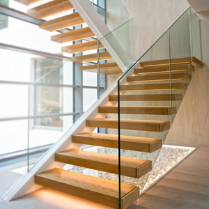 Cảm biến LED ánh sáng trong nhà cầu thang nổi cầu thang thẳng thép carbon Q235 hiện đại 12mm Kính cường lực - Product Image 1