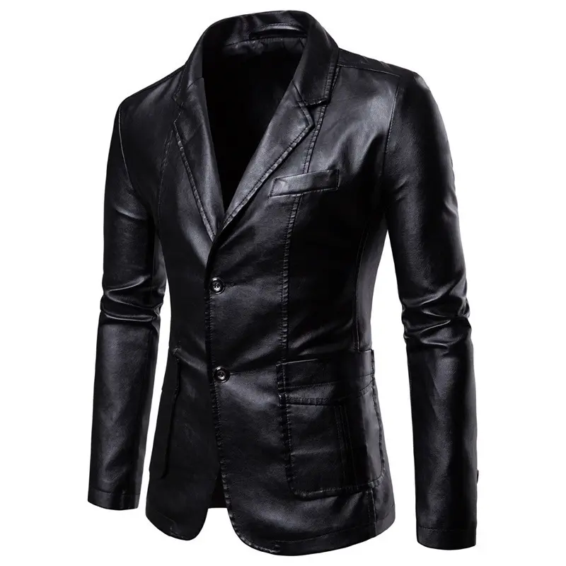 Chaqueta de cuero PU precio barato traje negro suave solapa chaqueta de negocios casual hecho en trajes de cuero de Pakistán