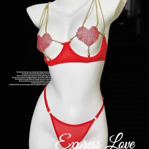 Wholesale Valentines <strong>Open</strong> Chest Lingerie Luxury Push <strong>up</strong> Half Cup Bra With Chain Sexy Red Delicate Underwear Set - Product Image 3