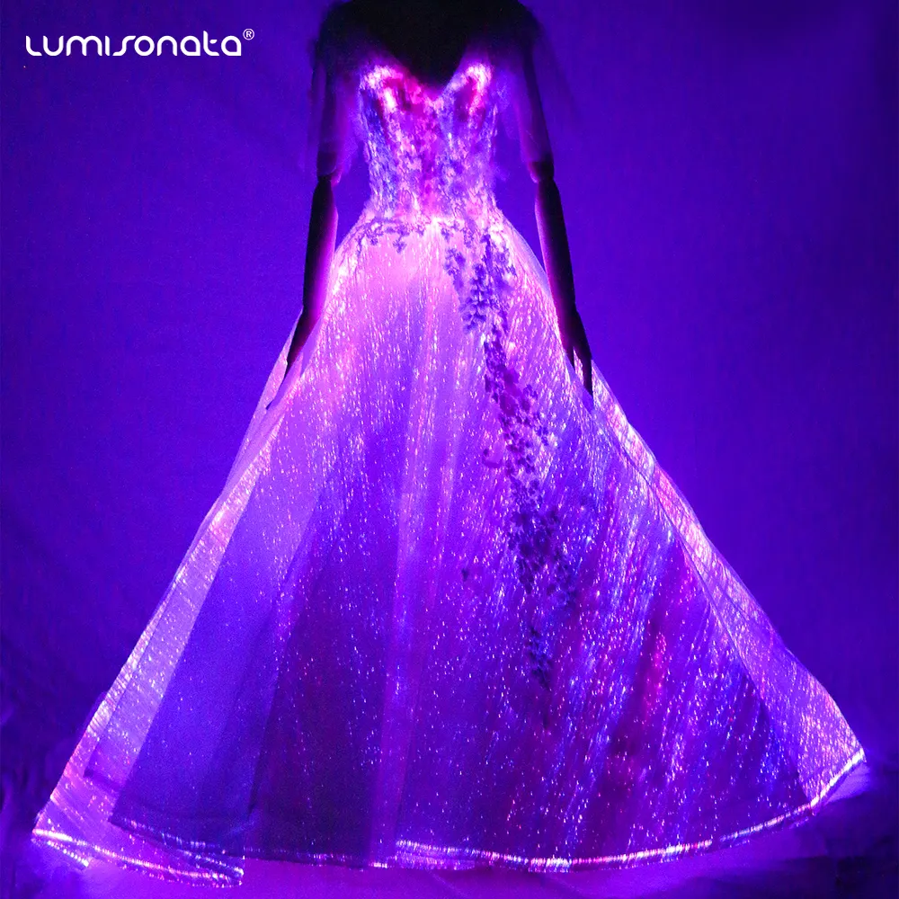 Vestido de novia de graduación luminoso LED, ropa blanca Sexy para niñas, vestido de noche de fiesta de noche, Vestido largo de fiesta de boda