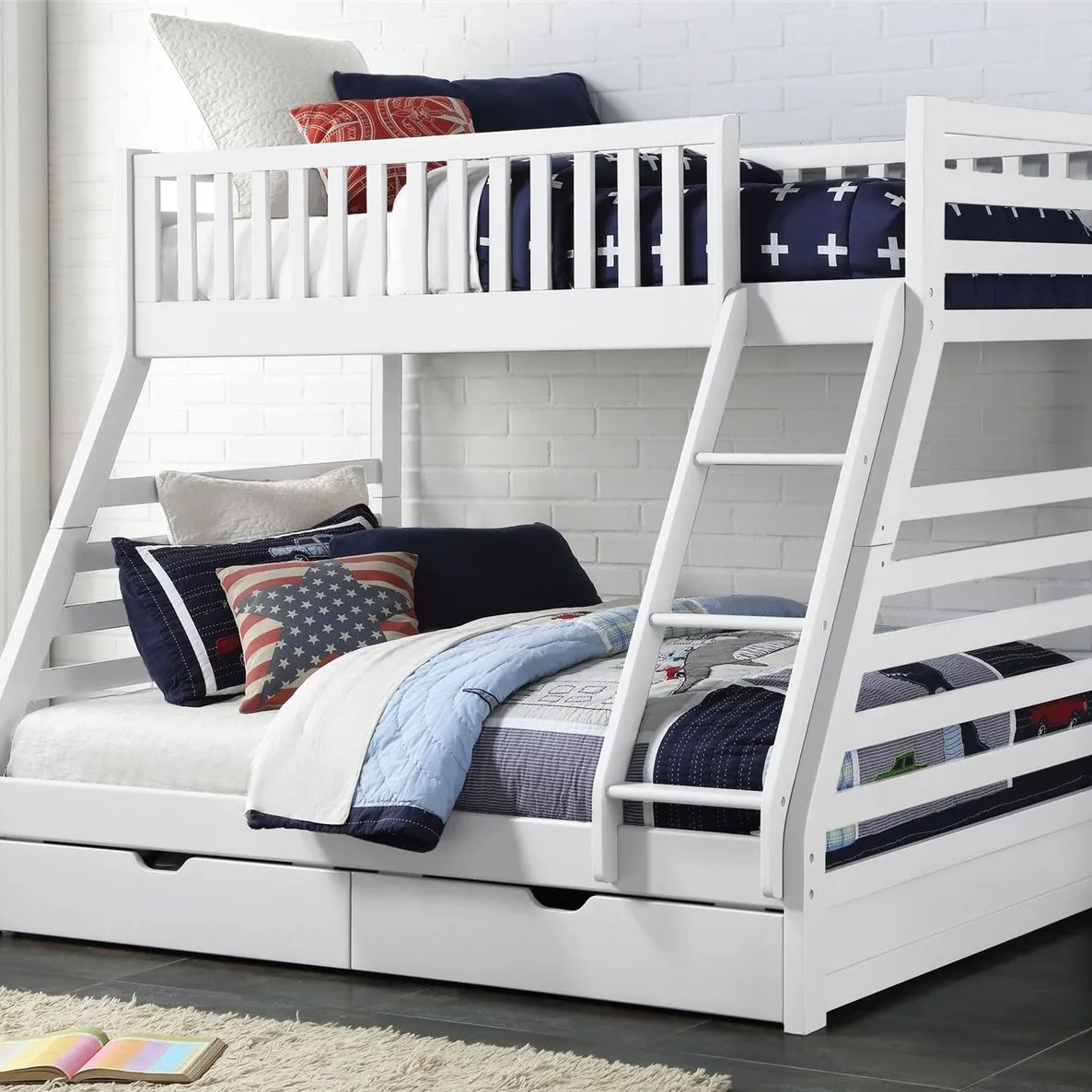 Muebles de dormitorio de madera maciza para niños, litera triple blanca con 2 cajones