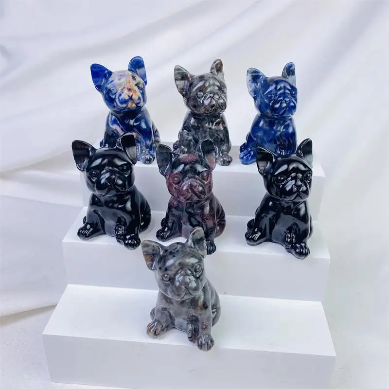 Cristal d'obsidienne de guérison naturel de haute qualité sculpture animale reiki cristal bleu chien de combat français pour la décoration de cadeaux