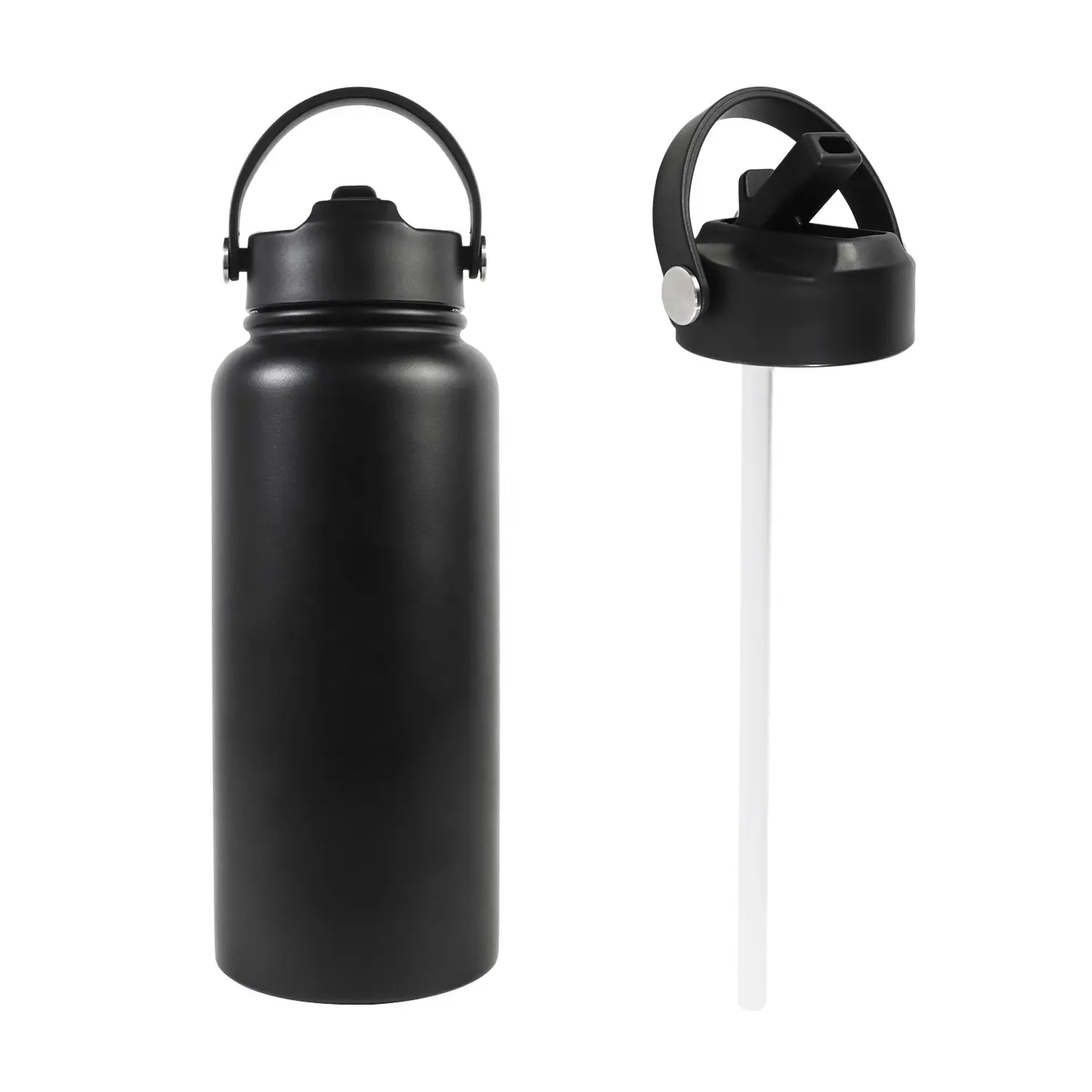 Schweiß feste schwarze 32oz doppelwandige vakuum isolierte Edelstahl-Wasser flasche mit Stroh deckel, um Getränke kalt heiß zu halten