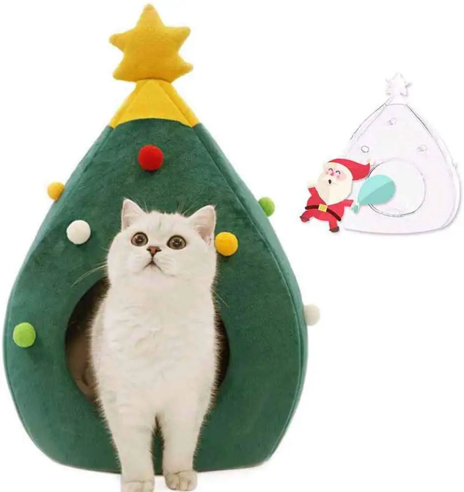 애완 동물 집 고양이 크리스마스 트리 모양 침대 개 둥지 강아지 동굴 빨 고양이 매트 따뜻한 부드러운 겨울 고양이 집 애완 동물 용품 애완 동물 침대
