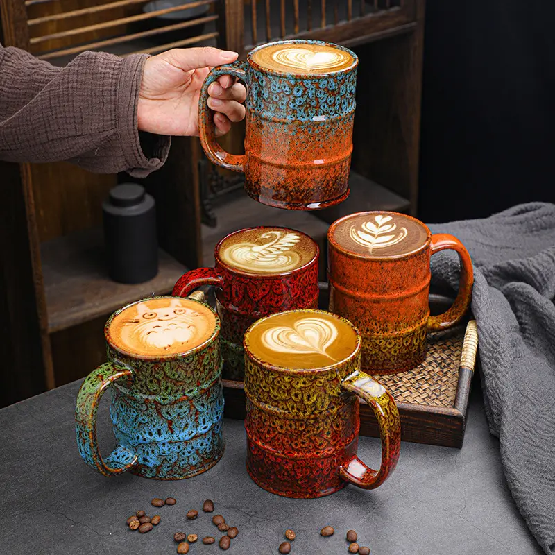 Hot selling kiln 600ml large capacity ceramic coffee cup oil drum shape personality creative mug beer mug