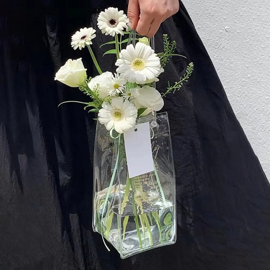 재활용 Pvc 투명 비닐 봉지 꽃 선물 방수 로즈 와인 패키지 커피 캐리 쇼핑백 손잡이