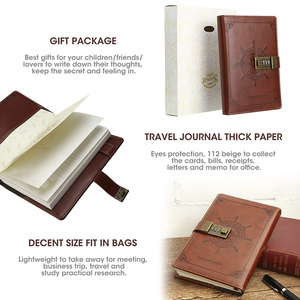 Cuaderno de diario A5 de tapa dura de cuero impreso personalizado con hoja dorada Borde dorado Estilo vintage Bloqueo de contraseña personalizado - Product Image 3