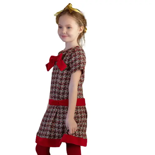 Gaun Anak Perempuan Balita Tweed Fashion Musim Dingin Kustom Pakaian Anak Perempuan Lengan Pendek Baru Datang Gaun Anak Perempuan dengan Busur Merah