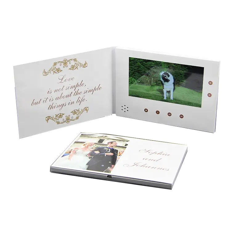 Libro de recuerdos para invitaciones de boda, logotipo personalizado, tarjeta de visita lcd, pantalla de regalo de 7 pulgadas, folleto de vídeo de negocios de felicitación