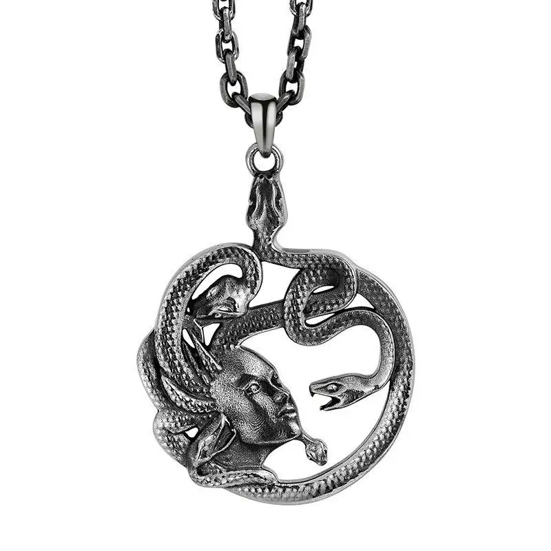 Venta al por mayor 316L Acero inoxidable animal joyería antiguo mito griego serpiente doncella Medusa colgante collar
