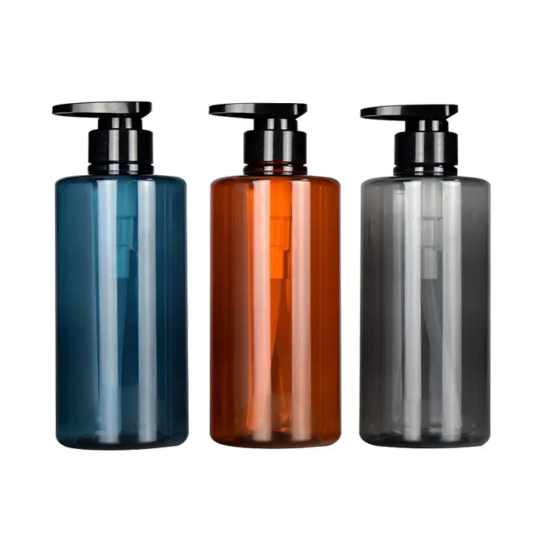 Botellas de plástico vacías para champú, botella de Gel de ducha de loción redonda de hombro plano, transparente, azul, ámbar y gris, 300ml y 500ml
