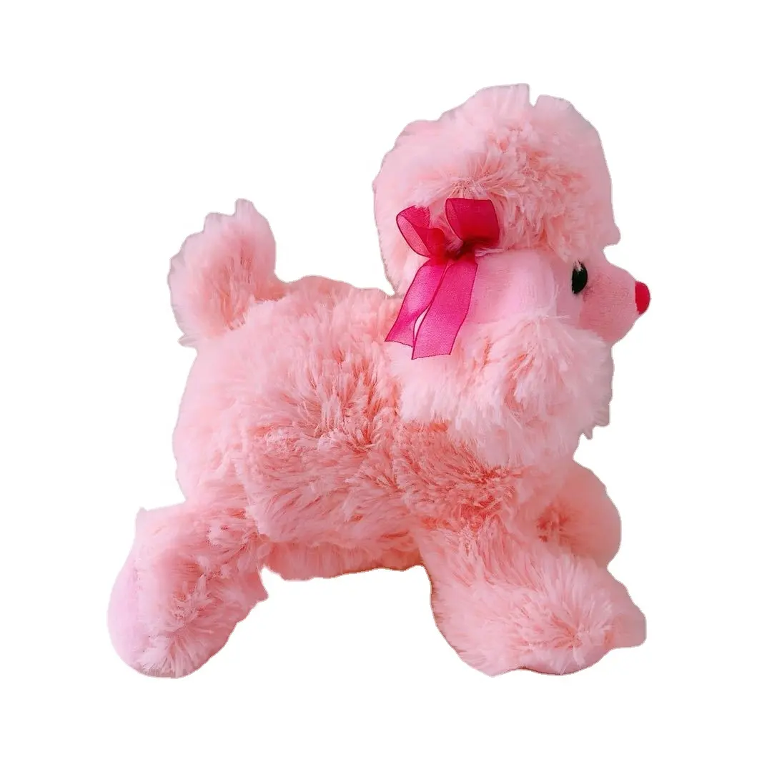 Brinquedo de pelúcia de cão poodle rosa macio, com arco para presente de aniversário de crianças