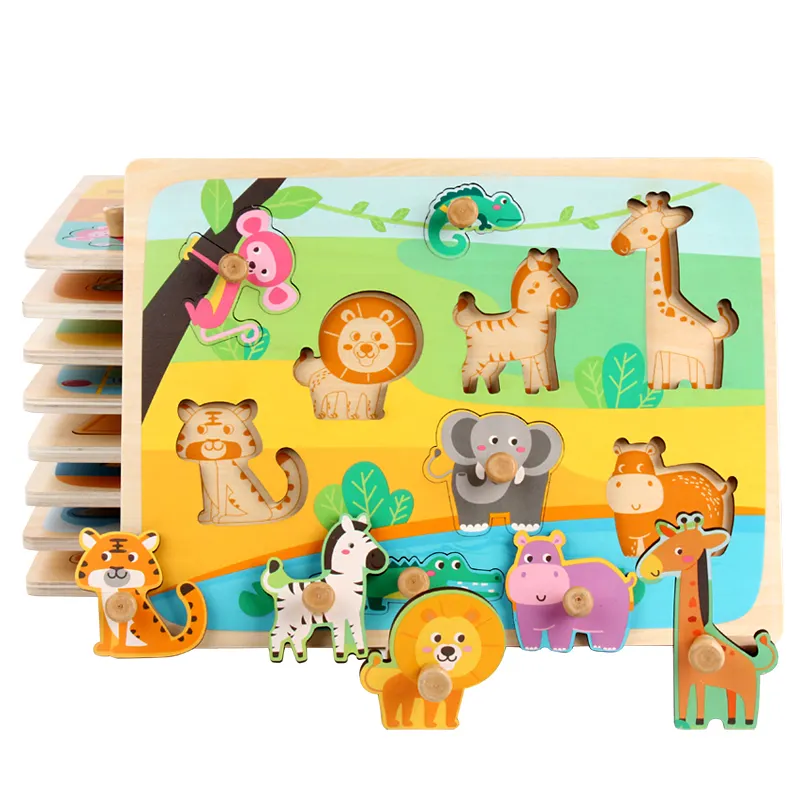 Rompecabezas Montessori con forma geométrica para niños, juego de mesa de dibujos animados, granja de madera, frutas, animales, juguetes a juego y clasificación
