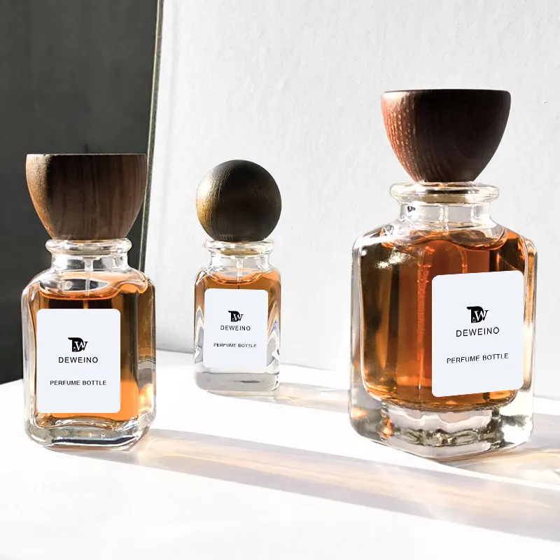 Frasco de perfume de luxo com logotipo personalizado e caixa de madeira com tampa, frasco quadrado de 30ml, 50ml e 100ml