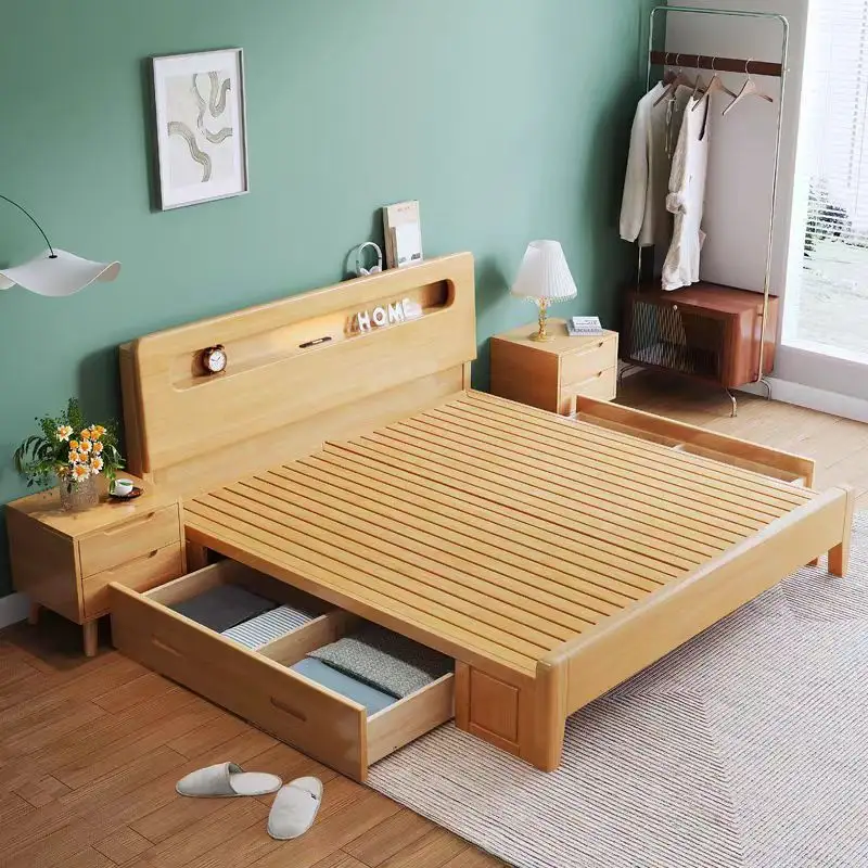 होटल अपार्टमेंट के लिए अनुकूलित नॉर्डिक शैली का ठोस लकड़ी का सिंगल बेड, डबल बेड किंग सिंगल बेड हॉट सेल बेडरूम फर्नीचर सेट