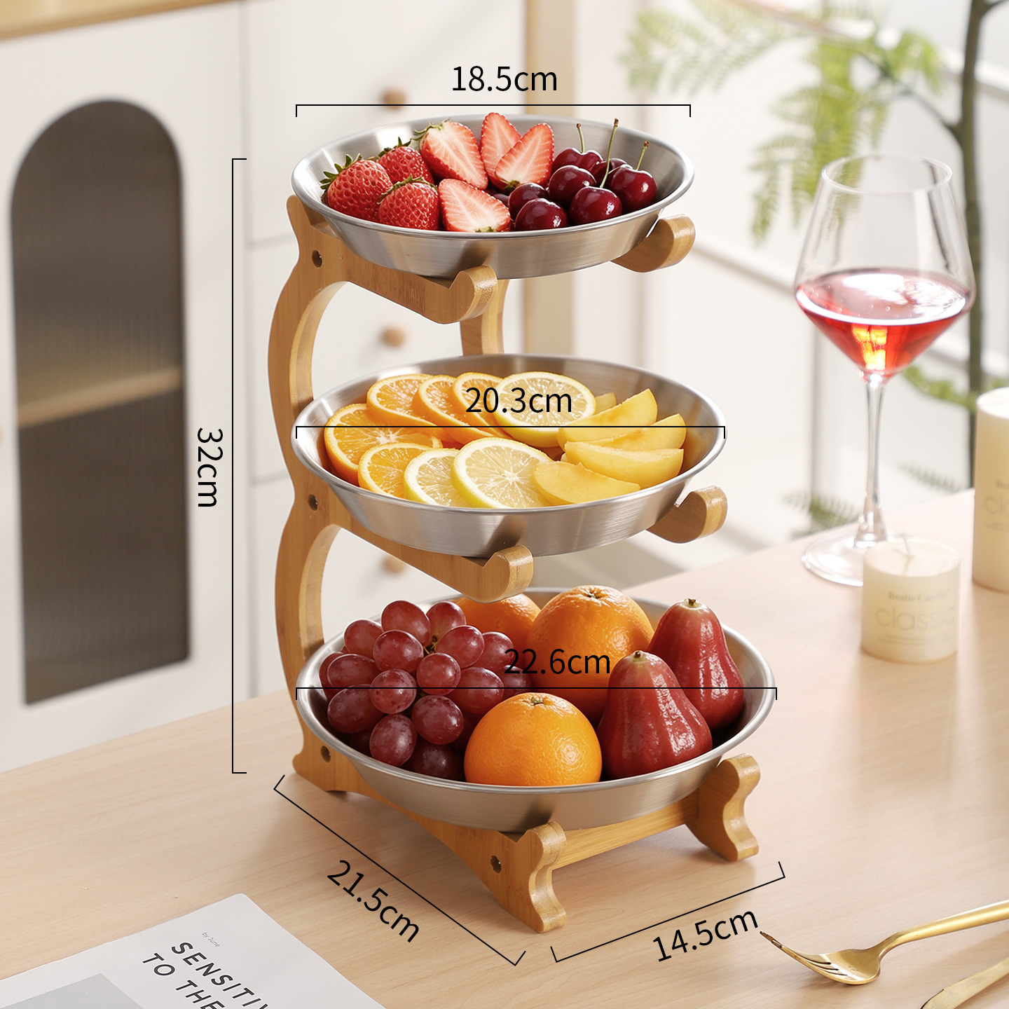 Three-tier bamboo frame stainless steel tray (silver)