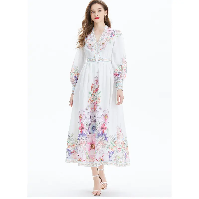 Terno branco estampado com flores/abaya abaya fabricante novo design Dubai Abaya Kaftan elegante real feminino