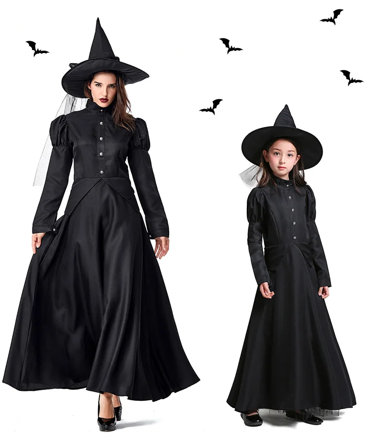 Black Witches Mother and Child Dress Costumes Cosplay For Girls and Woman Halloween Party Dress Costume Ecoparty