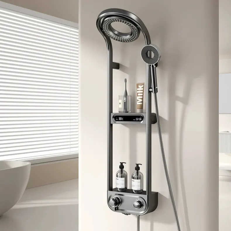 Grifos termostáticos para baño y ducha, grifo mezclador, juego de ducha Digital para baño frío y caliente, diseño de cascada de lluvia, latón negro moderno