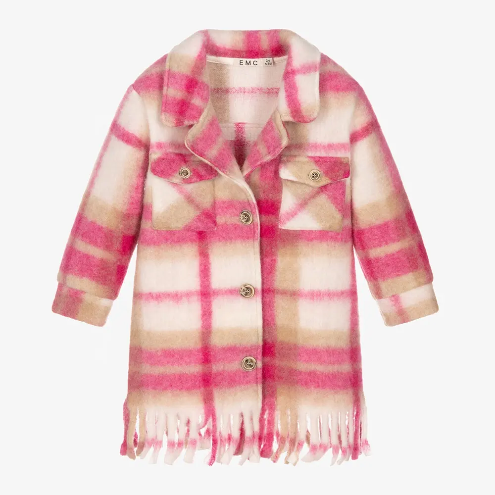 Cappotto lungo plaid rosa di vendita calda per bambini e ragazze 2023 in inverno 14-16 bambini caldo cappotto in pile di lana Cashmere fabbrica