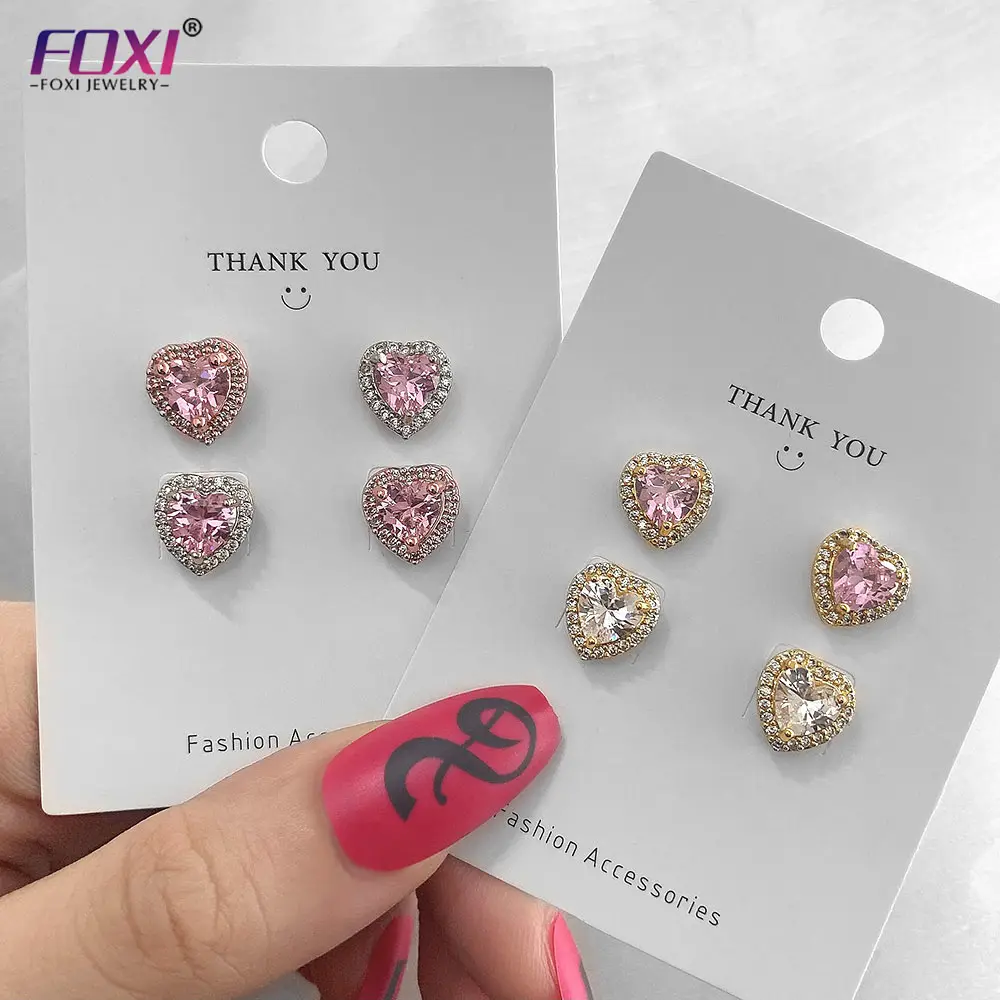 2024 Women Iced Out Earrings Elegant Fashion Jewelry Rhodium Plated Pink Zircon Heart Earrings For Women