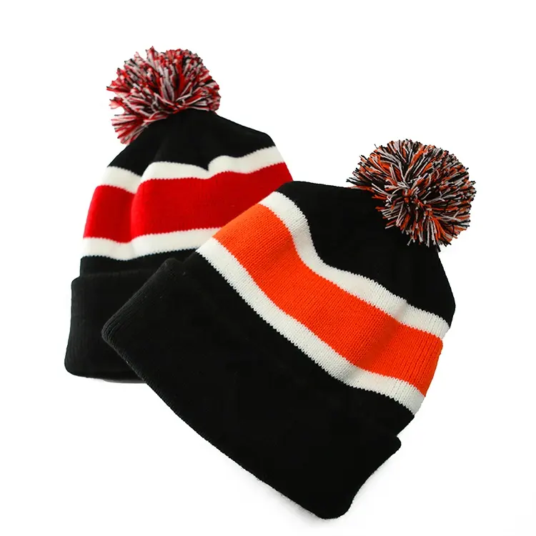 OEM Pom Pom Striped Hat Alta Qualidade Unisex Esportes de Inverno Cap Quente Ski Knit Hat Acrílico Jacquard Forrado Cuff Beanie Toque bonnet